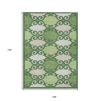 9' X 12' Green And Ivory Trellis Washable Indoor Outdoor Area Rug