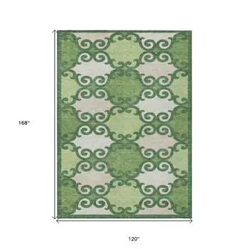 10' X 14' Green And Ivory Trellis Washable Indoor Outdoor Area Rug