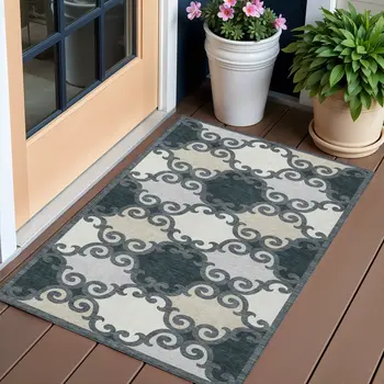 3' X 5' Gray And Ivory Trellis Washable Indoor Outdoor Area Rug