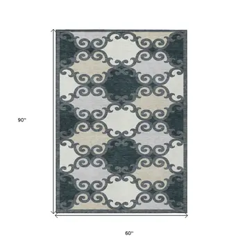 5' X 8' Gray And Ivory Trellis Washable Indoor Outdoor Area Rug