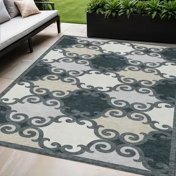 5' X 8' Gray And Ivory Trellis Washable Indoor Outdoor Area Rug