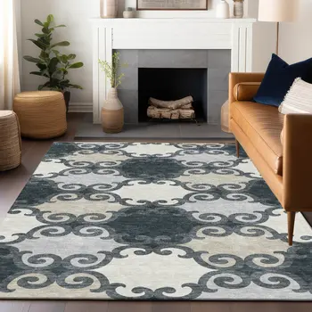 5' X 8' Gray And Ivory Trellis Washable Indoor Outdoor Area Rug