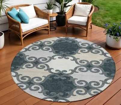 8' Gray And Ivory Round Trellis Washable Indoor Outdoor Area Rug