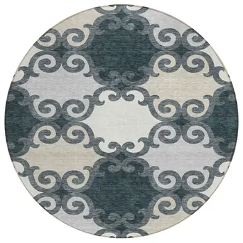 8' Gray And Ivory Round Trellis Washable Indoor Outdoor Area Rug