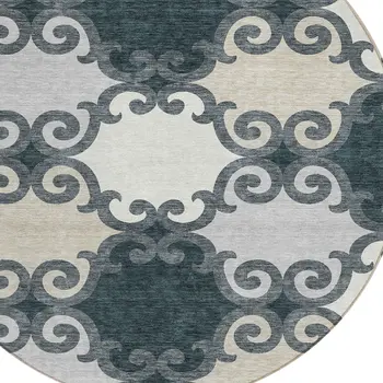 8' Gray And Ivory Round Trellis Washable Indoor Outdoor Area Rug
