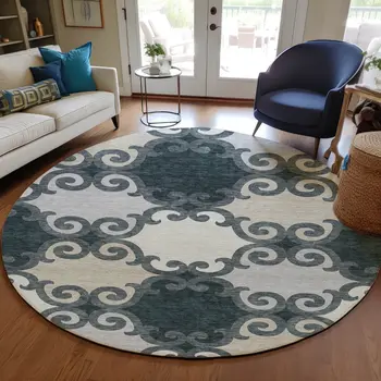 8' Gray And Ivory Round Trellis Washable Indoor Outdoor Area Rug