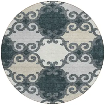 8' Gray And Ivory Round Trellis Washable Indoor Outdoor Area Rug