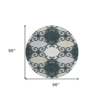 8' Gray And Ivory Round Trellis Washable Indoor Outdoor Area Rug