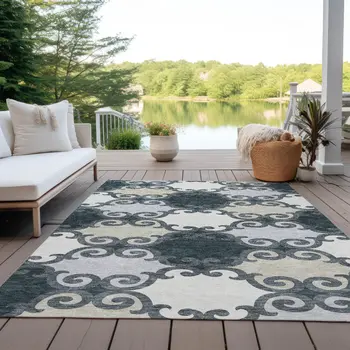 10' X 14' Gray And Ivory Trellis Washable Indoor Outdoor Area Rug