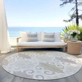 8' Ivory And Beige Round Trellis Washable Indoor Outdoor Area Rug
