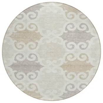 8' Ivory And Beige Round Trellis Washable Indoor Outdoor Area Rug