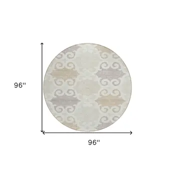 8' Ivory And Beige Round Trellis Washable Indoor Outdoor Area Rug