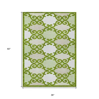 3' X 5' Lime Green And Ivory Trellis Washable Indoor Outdoor Area Rug