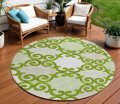 8' Lime Green And Ivory Round Trellis Washable Indoor Outdoor Area Rug