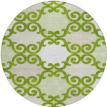 8' Lime Green And Ivory Round Trellis Washable Indoor Outdoor Area Rug