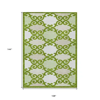 9' X 12' Lime Green And Ivory Trellis Washable Indoor Outdoor Area Rug