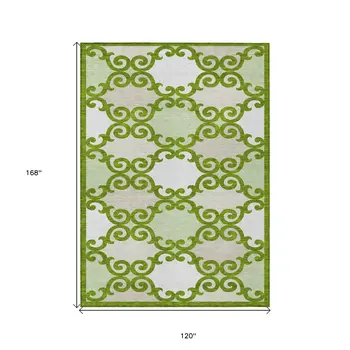 10' X 14' Lime Green And Ivory Trellis Washable Indoor Outdoor Area Rug