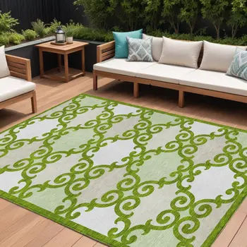 10' X 14' Lime Green And Ivory Trellis Washable Indoor Outdoor Area Rug