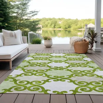 10' X 14' Lime Green And Ivory Trellis Washable Indoor Outdoor Area Rug