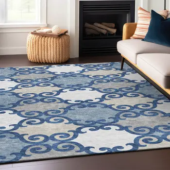 3' X 5' Navy Blue Gray And Ivory Trellis Washable Indoor Outdoor Area Rug