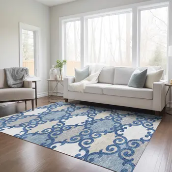 3' X 5' Navy Blue Gray And Ivory Trellis Washable Indoor Outdoor Area Rug