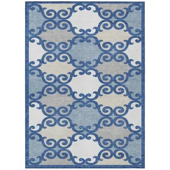 5' X 8' Navy Blue Gray And Ivory Trellis Washable Indoor Outdoor Area Rug