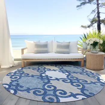 8' Navy Blue Gray And Ivory Round Trellis Washable Indoor Outdoor Area Rug