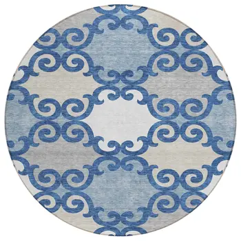 8' Navy Blue Gray And Ivory Round Trellis Washable Indoor Outdoor Area Rug