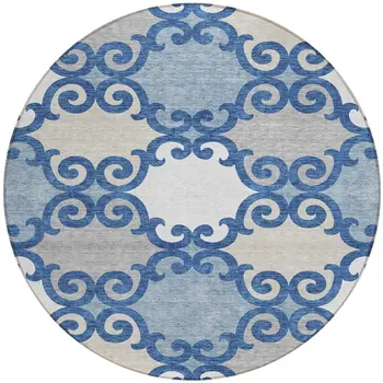 8' Navy Blue Gray And Ivory Round Trellis Washable Indoor Outdoor Area Rug