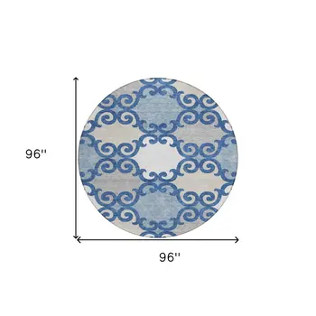 8' Navy Blue Gray And Ivory Round Trellis Washable Indoor Outdoor Area Rug