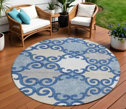 8' Navy Blue Gray And Ivory Round Trellis Washable Indoor Outdoor Area Rug