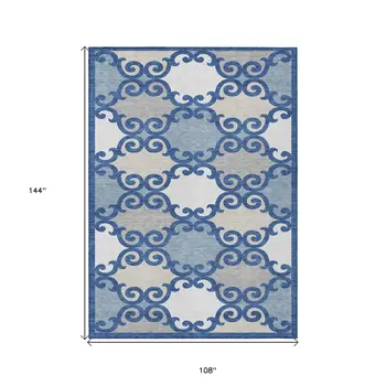 9' X 12' Navy Blue Gray And Ivory Trellis Washable Indoor Outdoor Area Rug