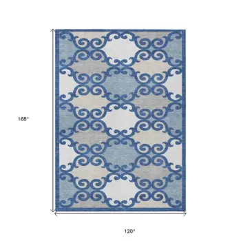 10' X 14' Navy Blue Gray And Ivory Trellis Washable Indoor Outdoor Area Rug