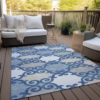 10' X 14' Navy Blue Gray And Ivory Trellis Washable Indoor Outdoor Area Rug