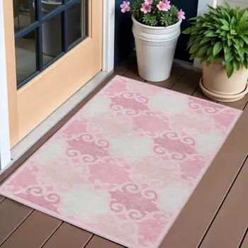 3' X 5' Pink And Gray Trellis Washable Indoor Outdoor Area Rug