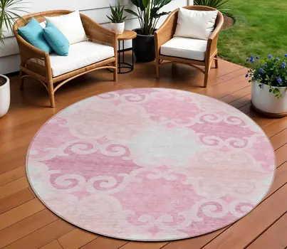 8' Pink And Gray Round Trellis Washable Indoor Outdoor Area Rug