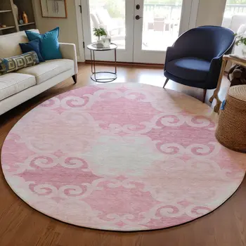 8' Pink And Gray Round Trellis Washable Indoor Outdoor Area Rug