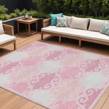 8' X 10' Pink And Gray Trellis Washable Indoor Outdoor Area Rug