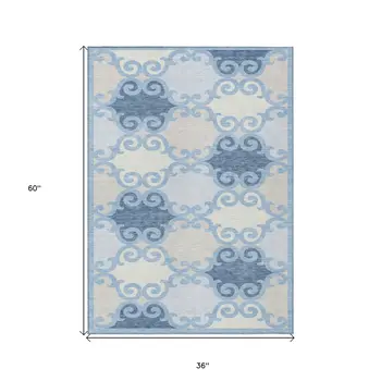 3' X 5' Sky Blue Gray And Ivory Trellis Washable Indoor Outdoor Area Rug