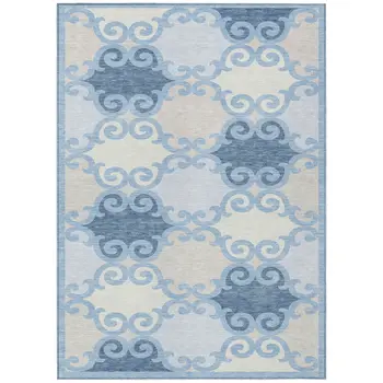 5' X 8' Sky Blue Gray And Ivory Trellis Washable Indoor Outdoor Area Rug
