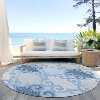8' Sky Blue Gray And Ivory Round Trellis Washable Indoor Outdoor Area Rug