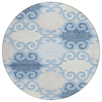 8' Sky Blue Gray And Ivory Round Trellis Washable Indoor Outdoor Area Rug