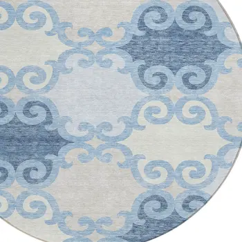 8' Sky Blue Gray And Ivory Round Trellis Washable Indoor Outdoor Area Rug