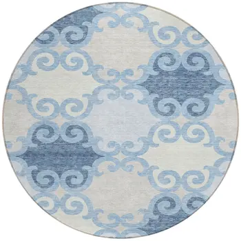 8' Sky Blue Gray And Ivory Round Trellis Washable Indoor Outdoor Area Rug