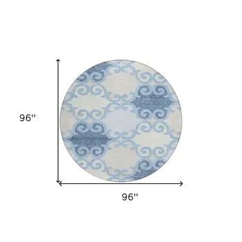 8' Sky Blue Gray And Ivory Round Trellis Washable Indoor Outdoor Area Rug