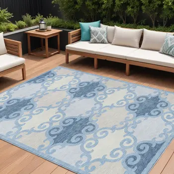 8' X 10' Sky Blue Gray And Ivory Trellis Washable Indoor Outdoor Area Rug