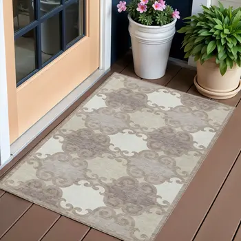 3' X 5' Taupe Beige And Gray Trellis Washable Indoor Outdoor Area Rug