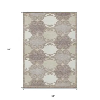 5' X 8' Taupe Beige And Gray Trellis Washable Indoor Outdoor Area Rug