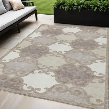 5' X 8' Taupe Beige And Gray Trellis Washable Indoor Outdoor Area Rug