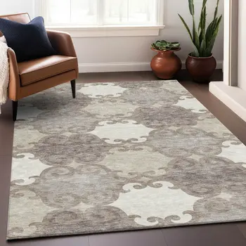 5' X 8' Taupe Beige And Gray Trellis Washable Indoor Outdoor Area Rug